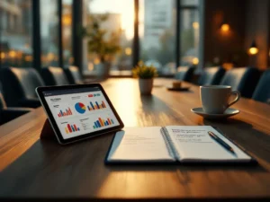 Moderner Konferenzraum mit Tablet für Feedback-Analyse, Notizbuch mit Mitarbeiterkommentaren und Holztisch