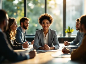 Geschäftsfrau führt Teambesprechung am Konferenztisch mit Kollegen verschiedener Altersgruppen in hellem Büroraum