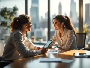 Geschäftsfrau und Manager diskutieren Feedback-Charts am Konferenztisch in modernem Büro mit Stadtblick
