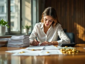 Geschäftsfrau überprüft Mitarbeiterfeedback am Konferenztisch mit Taschenrechner und Geldscheinen für ROI-Analyse