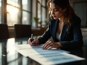 Geschäftsfrau in marineblauem Blazer prüft Mitarbeiterfeedback-Dokumente am Konferenztisch im hellen Büro