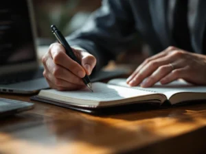 Person schreibt mit schwarzem Stift Notizen in Ledernotzbuch, Laptop mit Feedback-Formularen im Hintergrund auf Holzschreibtisch