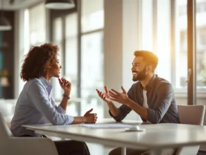 Zwei Geschäftskollegen führen ein konstruktives Gespräch am modernen Konferenztisch in hellem Büro
