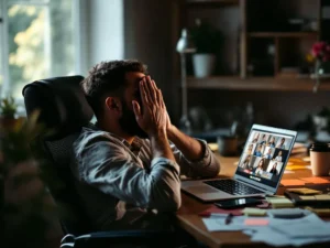 Frustrierter Berufstätiger im Homeoffice hält Hände vor Gesicht, Laptop zeigt Videokonferenz mit mehreren Teilnehmern
