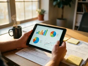 Professionelle Hände halten Tablet mit bunten Analysediagrammen auf Holzschreibtisch mit Notizen und Kaffeetasse