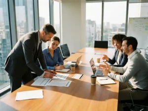 Manager bespricht Dokumente mit Mitarbeiter am Konferenztisch während Kollegen diskutieren, modernes Büro mit Tageslicht