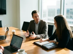 Zwei Geschäftsleute in professionellem Meeting am Konferenztisch, einer gestikuliert, der andere macht Notizen