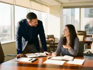 Manager und Mitarbeiter in professionellem Geschäftsgespräch am Konferenztisch im hellen Büro