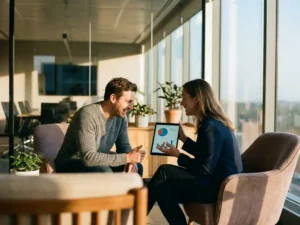 Geschäftsprofis diskutieren Feedback-Analytics auf Tablet in modernem Büro mit natürlichem Licht