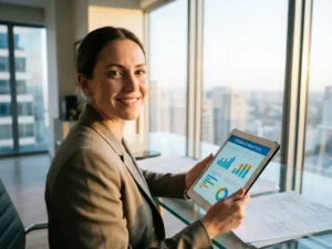 Geschäftsfrau hält Tablet mit Feedback-Analytics im modernen Büro, Papierformulare auf Glastisch