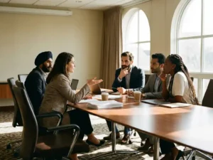 Diverse Geschäftsteam diskutiert um Konferenztisch bei natürlichem Licht, interkulturelle Kommunikation im Büro