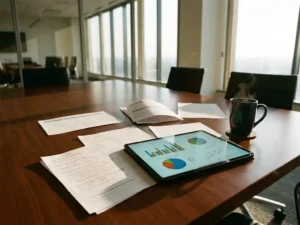 Tablet mit bunten Datenvisualisierungen auf Konferenztisch mit Feedback-Formularen und Kaffeetasse im Büro