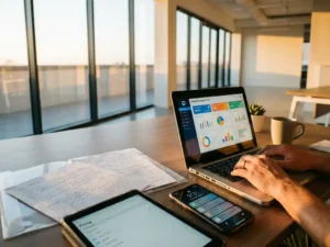 Moderner Büroarbeitsplatz mit Laptop zeigt bunte Analytics-Dashboards, Smartphone mit Benachrichtigungen, warmes Tageslicht