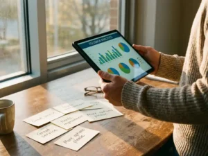 Hände halten Tablet mit Feedback-Analysen über verstreuten Papier-Kommentarkarten auf Holzschreibtisch im Büro