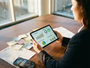 Manager hält Tablet mit Feedback-Analysen und Diagrammen, umgeben von Umfragetools auf Holzschreibtisch im Büro