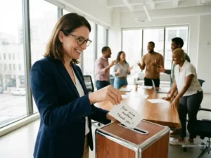 Geschäftsfrau steckt Feedback-Karte in Vorschlagsbox während Kollegen im Hintergrund am Konferenztisch diskutieren