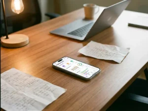 Smartphone mit Feedback-Dashboard auf Holztisch, umgeben von Mitarbeiterumfragen und Laptop im Büro