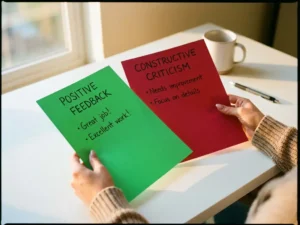 Professionelle Frau hält grünes und rotes Feedback-Formular mit positiven und konstruktiven Kommentaren auf weißem Schreibtisch