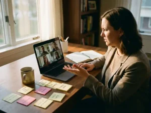 Frustrierte Geschäftsfrau gestikuliert während Videoanruf im Homeoffice, Schreibtisch voller Notizen und Kaffeetasse