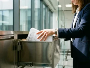 Geschäftsfrau in Anzug legt Feedback-Formulare in abschließbaren Aktenschrank in modernem Büro