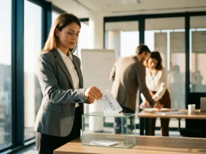 Geschäftsfrau legt handgeschriebene Notiz in Glasbox für Feedback im modernen Büro mit Kollegen im Hintergrund