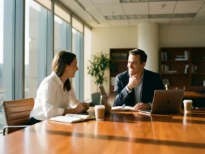 Geschäftsfrau und Manager in engagiertem Gespräch am Konferenztisch mit Laptops in hellem Büro