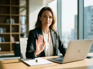 Geschäftsfrau am Büroschreibtisch zeigt selbstbewusst Stop-Geste mit der Hand, Laptop und Notizblock sichtbar