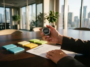 Geschäftsfrau hält Stoppuhr über Feedback-Formular mit bunten Haftnotizen auf Konferenztisch im modernen Büro