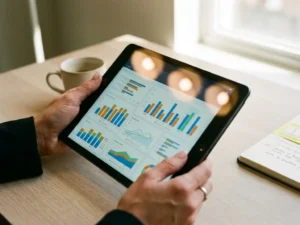 Geschäftsfrau hält Tablet mit bunten Analytics-Diagrammen am modernen Schreibtisch mit Kaffeetasse im Büro