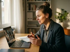 Professionelle Frau im Homeoffice während Videokonferenz, gestikuliert am Laptop bei natürlichem Sonnenlicht
