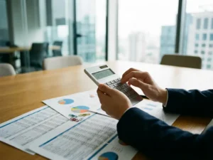 Geschäftsführer hält Taschenrechner über Finanzberichte mit Diagrammen auf Konferenztisch im modernen Büro