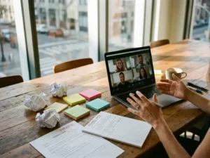 Geschäftsfrau schreibt Notizen während Videokonferenz am Konferenztisch mit Laptop, Feedback-Formularen und Haftnotizen