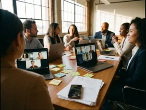 Diverse Fachkräfte bei Videokonferenz um Konferenztisch mit Laptops, Notizen und Smartphone für Sprachaufnahmen