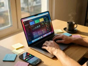 Laptop mit bunter Feedback-Software auf Holzschreibtisch, umgeben von Notizzetteln, Smartphone und Kaffeetasse