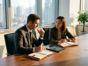 Manager und Mitarbeiter in professionellem Gespräch am Konferenztisch mit Notizbüchern und Tablet im hellen Büro