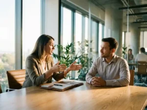 Manager und Mitarbeiter in engagiertem Gespräch am Konferenztisch in modernem Büro mit natürlichem Licht