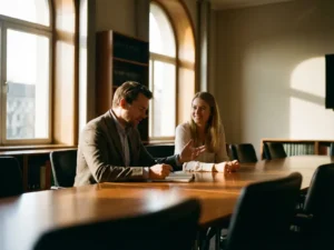 Führungskraft und Mitarbeiter im fokussierten Gespräch am Konferenztisch in hellem Büro mit offener Körpersprache
