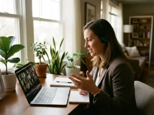 Professionelle Frau mit Headset bei Videoanruf am Schreibtisch im Home Office mit Laptop und Notizen