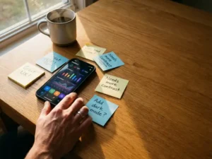 Smartphone mit bunter Feedback-App auf Holzschreibtisch, umgeben von handschriftlichen Notizzetteln und Kaffeetasse