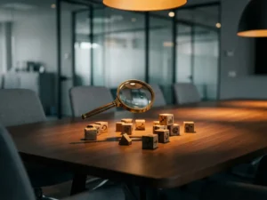 Lupe über verschiedenen Holzblöcken mit Umfrageantworten auf Konferenztisch, ungleichmäßige Schatten zeigen Verzerrung und Klarheit in modernem Büro