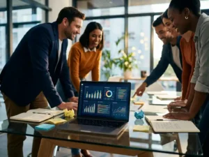 Laptop mit bunten Analytics-Dashboards auf Glastisch, umgeben von diversen Teammitgliedern in lebhafter Diskussion