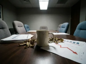 Rissige Kaffeetasse auf Konferenztisch mit verwelkten Blättern und Finanzberichten mit sinkenden Zahlen, leere Stühle im Hintergrund