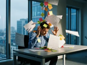 Gestresster Büroangestellter am Schreibtisch, überwältigt von herabfallenden bunten Haftnotizen und Bewertungsformularen