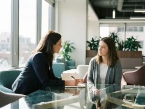 Professioneller Coach im Gespräch mit Mitarbeiter an modernem Glastisch in hellem HR-Büro mit natürlichem Licht