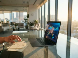 Laptop mit bunten Datenvisualisierungen auf Glastisch, Hand über handschriftlichen Feedback-Formularen, warmes Tageslicht im modernen Büro