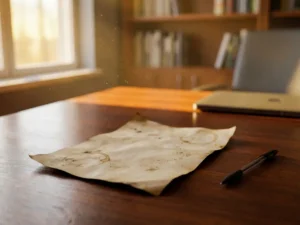 Verlassenes Feedback-Formular auf Holzschreibtisch mit schwarzem Stift, Sonnenlicht und Staubpartikel im Büro