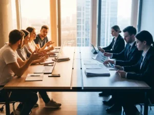 Moderne Konferenztisch mit Startup-Team in lockerer Diskussion auf einer Seite und formelle Führungskräfte in Anzügen mit Dokumenten auf der anderen Seite