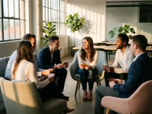 Diverse Fachkräfte sitzen im Kreis mit Holz-Feedback-Karten, warmes Tageslicht durch große Fenster in modernem Büro