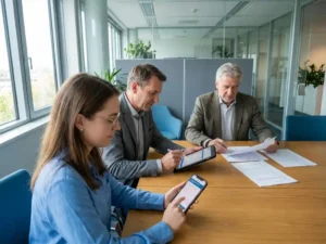 Drei Fachkräfte unterschiedlichen Alters sitzen am Konferenztisch mit Smartphone, Tablet und Dokumenten bei natürlichem Licht