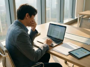 Person mit Hand vor Mund sitzt zögernd am Büroschreibtisch vor Laptop, unberührte Feedback-Formulare und Tablet mit Umfrage-Interface daneben